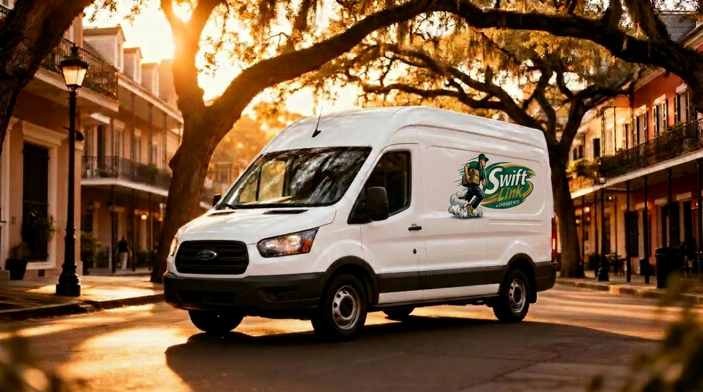Courier van delivering through New Orleans at golden hour